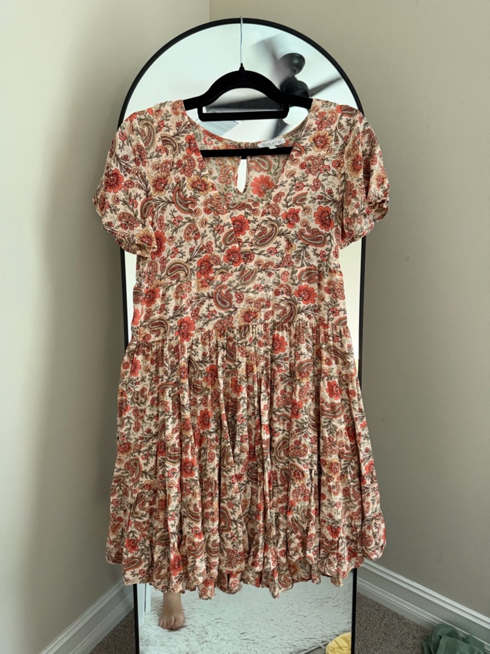 Patrons of Peace Floral Paisley Tiered Mini Dress - Cream & Coral - Picture 1 of 5